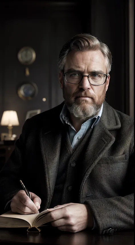 (editorial photograph 9:16 of a working man sitting in his living room in, bearded, calm,confident,look rich,serious doing his reading, 52 years old, brown eyes), (wearing luxury coat, wearing nerd glasses, detailed:1.3), (highly detailed face:1.4), (backg...