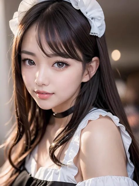 masterpiece, 1 girl per 1 photo, upper body shot, directly front view, a Japanese young pretty woman, wearing a short sleeve satin silky black cute maid costume in the cafe with a big smile, wearing a white frilled headband, a white frilled apron, a black ...