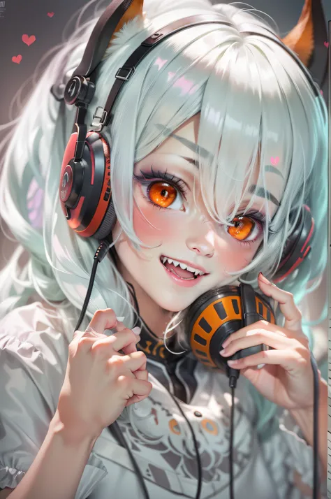 white hair, long hair, ponytail, asymmetrical bangs, shiny hair, huge ahoge, horns, headphones, behind-the-head headphones, black hairband, skull hair ornament, heart-shaped pupils, aqua eyes, snake pupils, devil eyes, heterochromia, red eyes, wolf ears, f...