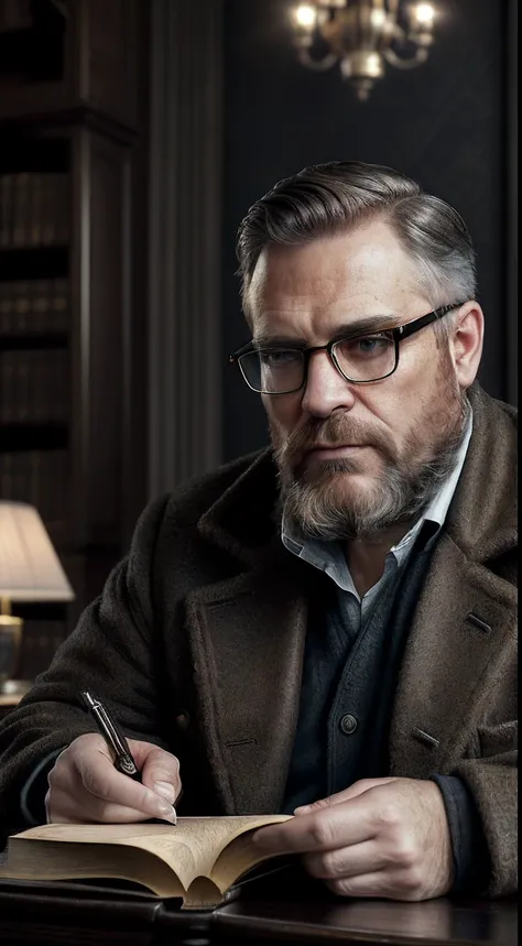 (editorial photograph 9:16 of a working man sitting in his living room in, bearded, calm,confident,look rich,serious doing his reading, 52 years old, brown eyes), (wearing luxury coat, wearing nerd glasses, detailed:1.3), (highly detailed face:1.4), (backg...