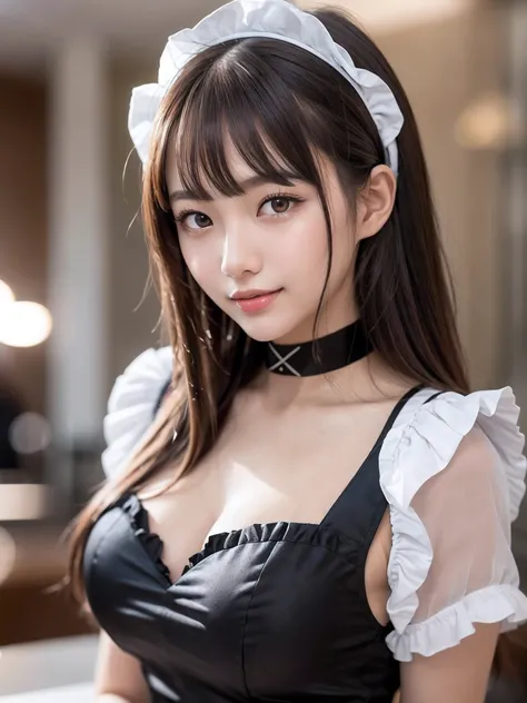 masterpiece, 1 girl per 1 photo, upper body shot, directly front view, a Japanese young pretty woman, wearing a short sleeve satin silky black cute maid costume in the cafe with a big smile, wearing a white frilled headband, a white frilled apron, a black ...