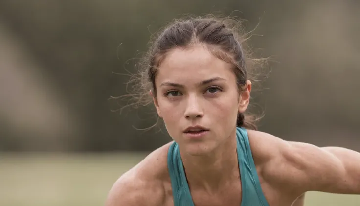 Young athlete in action during a sports competition. The athlete has concentrated expression. A imagem deve capturar seus concorrentes e os espectadores. The clothes should be consistent with the practice of sports. O tempo deve estar claro, ensolarado e c...