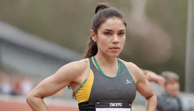 Atleta adulto, com cerca de 30 anos, in action during a sports competition. The athlete has concentrated expression. A imagem deve capturar seus concorrentes e os espectadores. The clothes should be consistent with the practice of sports. O tempo deve esta...