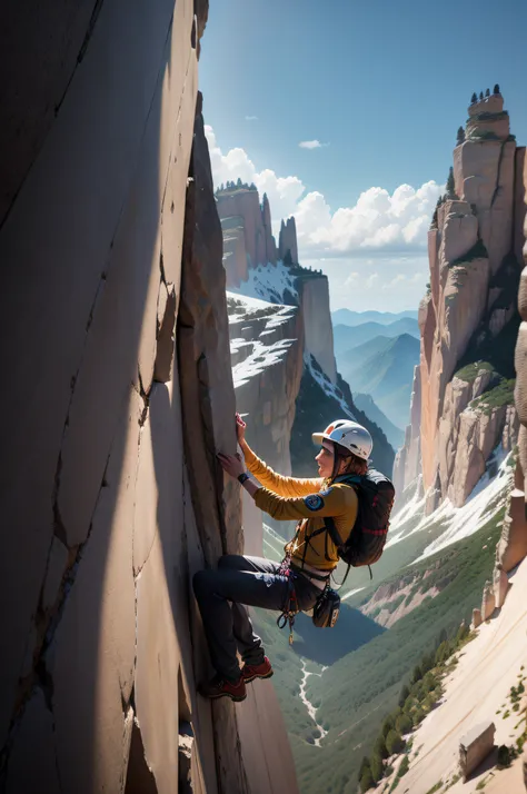 Arafed climber climbing a steep cliff with a backpack, Escalada, subindo um penhasco, Escalada, Alpinista, escalador, alpinistas escalando uma rocha, Motivacional, belaying, Escalando montanha em Washington, foto ainda, Retrato vertical, penhasco perigoso,...