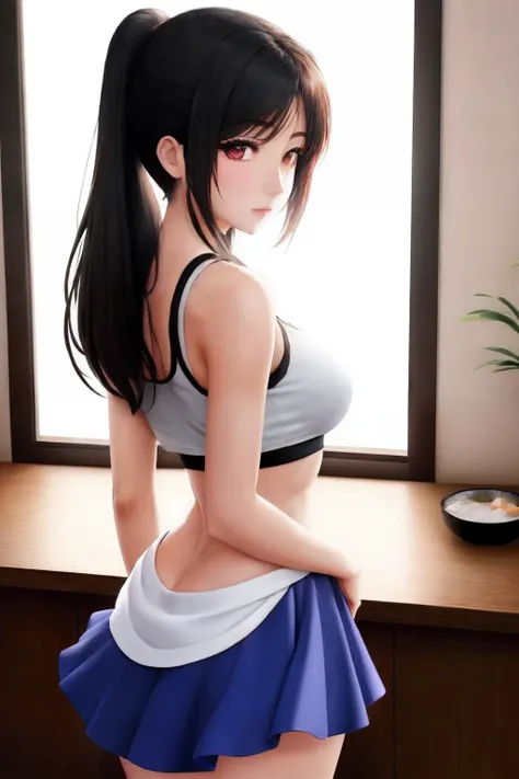 rialistic photo、Real Images、Top image quality、poneyTail、Listen to Tsuchiya、Arab asian woman in white tank top and blue skirt, Tifa Lockhart, Tifa, Tifa Lockhart, Japanese Models, seductive tifa lockhart portrait, Korean Girl, trending at cgstation, beautif...