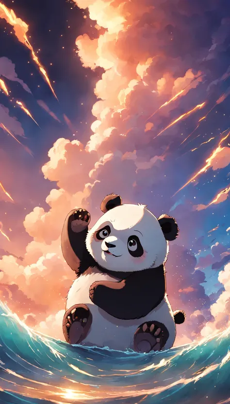 obra-prima, melhor qualidade, filme ainda, 1panda, panda nuvem, floating into the sky, close-up, brilhante, feliz, Soft lighting and Warm, sun sunset, (Sparks: 0,7)