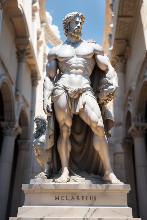 Perfect statue, melhor detalhamento, Statue of a man with a Roman sword in front of a building, greco roman statue, an ancient greek statue, Greek statue, ancient greek statue, deus grego, classical statue, Greek marble statue, O Deus Grego, statue of herc...