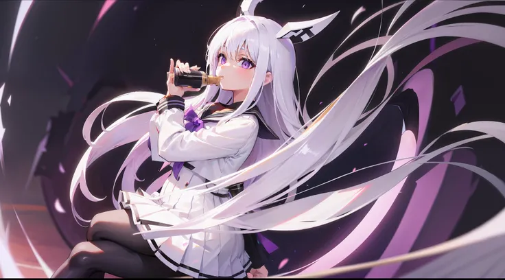 Long white hair, Purple eyes, Black pleated skirt，Inside was a white sailor suit，Wearing black pantyhose, Plump body, An anime character, Only one person，Drinking brown drinks on the street