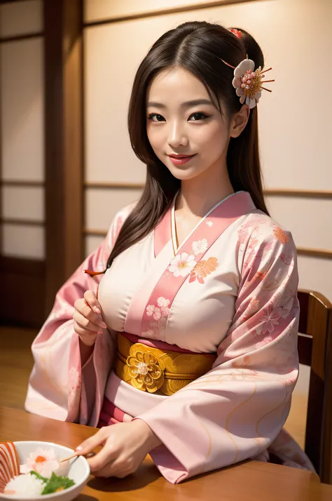 beautiful geisha, with flowing hair, full lips, full breasts, wearing a pink and white kimono, sitting at a table in a traditional Japanese restaurant, holding chopsticks, eating sushi, and smiling ((intricate details, 8k, hyperrealistic, photorealistic, s...