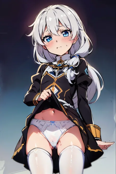 (valkyrie_pledge,Chibi,cowboy shot,sketch,White tights,Buy a skirt lift ,Showing panties:1.2),NSFW, Flat_Chest, Black_Dress, nun, ,silber hair, long  skirt,White tights,long boots,Looking away,(full-face blush),embarrassed,low angles,pussy juice stain,Holy...