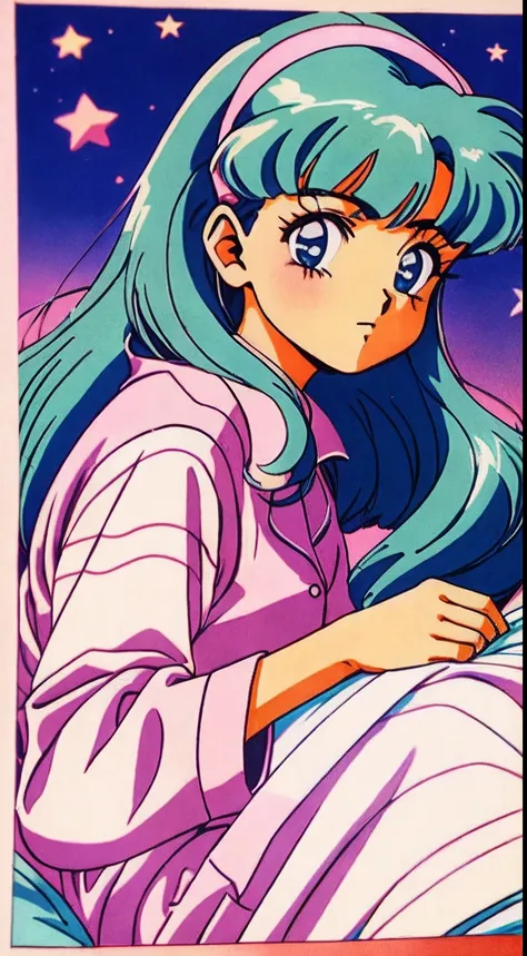 1 menina, Deitada em uma cama，Cabelo cacheado，(pijama), Cabelo cobrindo o rosto, Segurando um travesseiro, Travesseiro cobrindo o rosto，cor pastel，Retro anime，Anime dos anos 1990，tmasterpiece，best quality