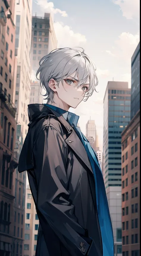 A man, gray hair and gray eyes, sharp short hair, city, badass, mascular