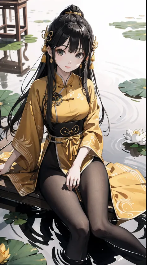 hoang lap，8K high resolution，ultra - detailed，（1girll：1.3），handpainted，Simple lines，16-year-old girl wearing golden Chinese clothes and black pantyhose，beuaty girl，In the lotus pond，tmasterpiece，Sit on a plank floating in the water，Floating hair，looking to...