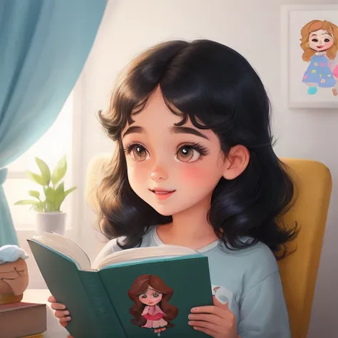 Crie uma menina de cinco anos de idade, morena, de cabelos cacheados, ((Animated illustration)), estilo desenho infantil,  Reading the Bible, no quarto, alegre ((olhos vivos e brilhantes))