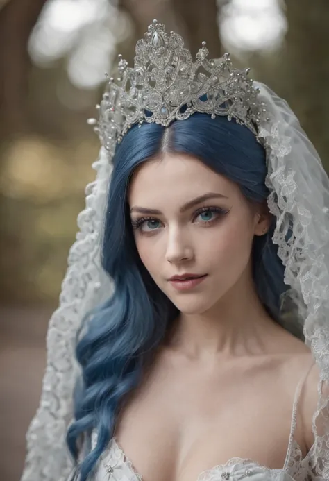 emily, corpse bride at 18 years old  at the bed, on all fours showing her ass, pubic hair, blue hair, bridal diadem, deepthroating a 7 inches blue dildo