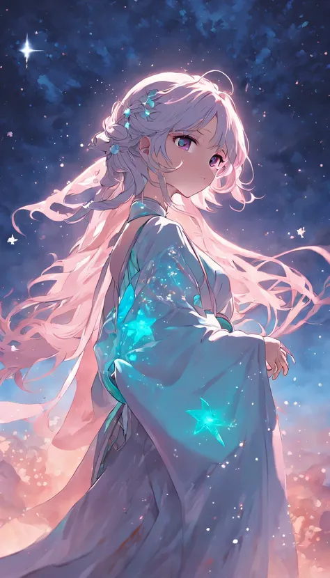 (best qualtiy，tmasterpiece), Beautiful teenage girl, Beautiful goddess, ((period costume, Hanfu, One shoulder)), Beautiful hair accessories, the night, starrysky, cold light, (in pink, cyan colors, white colors), ((from below)), ((full body)), ((realistic)...