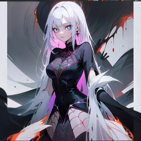 White color hair，teens girl，black color dress，Blue pupils，Spider Lady，Monster Lady，The lower body is a spider，4K，Dingdall effect，Poster style