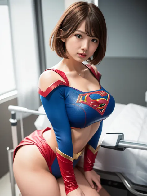 ​masterpiece,Supergirl Costume, short-hair, bare-legged, large full breasts,surgery room、Operating table、straddle、depraved、shiny、Looking at the camera、Provocation、estrus