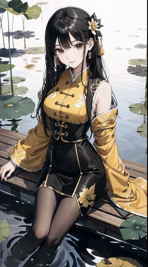 hoang lap，8K high resolution，ultra - detailed，（1girll：1.3），handpainted，Simple lines，16-year-old girl wearing golden Chinese clothes and black pantyhose，beuaty girl，In the lotus pond，tmasterpiece，Sit on a plank floating in the water，Floating hair，looking to...