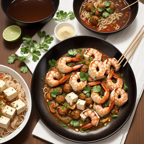 A bowl of chili powder，There are shrimp，There are tofu cubes，coriander，Fish balls，Tofu bubbles，Beef meatballs，shiitake，coriander，Instant noodles，A plate of skewers，A bottle of shochu