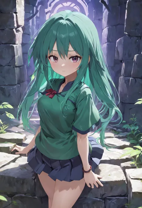 ancient ruin、Passarela de pedra、Menina do anime com cabelo roxo e camisa verde, estilo de arte moe anime, render de abril, Misato Katsuragi, menina anime jovem, arte cg anime suave, Visuais de anime de garotas fofas, feito com anime painter studio, (menina...