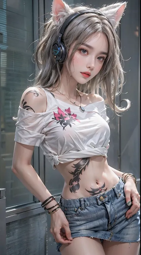 photorealistic, high resolution, soft light,1women, solo, hips up, shining skin, (detailed face), jewelry, tattoo, off-shoulder t-shirt, skirt, pink headphone, cat ears headphone