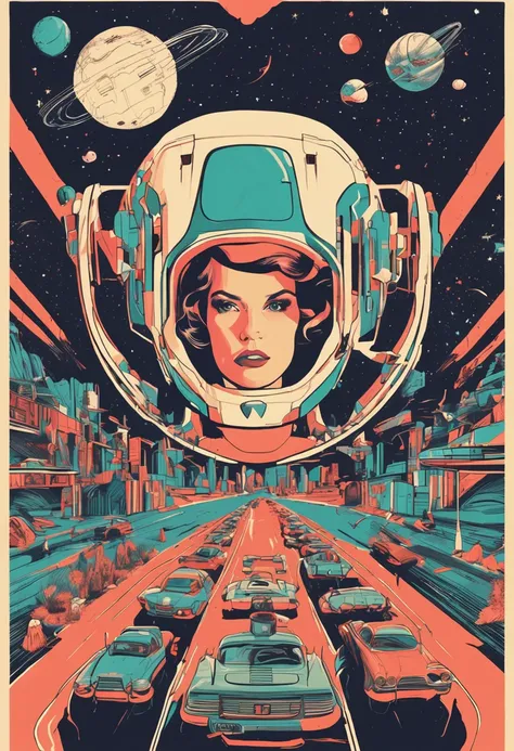 Portrait of a girl wearing prototype virtual reality glasses from the 1950s driving her spaceship in retro futuristic lines, inserted in front of a galactic portal surrounded by beings from other planets