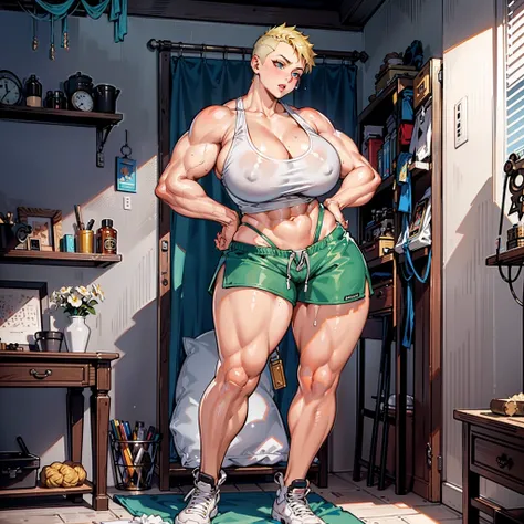 (Extremely sexy teen girl with a strong body and very short hair) Blonde buzz cut, Blonde buzz haircut, hourglass figure, wearing a white cropped tank top and short shorts, muscular, huge tits, absurdly thick thighs, thin waist, sexy, sensual, buff, strong...