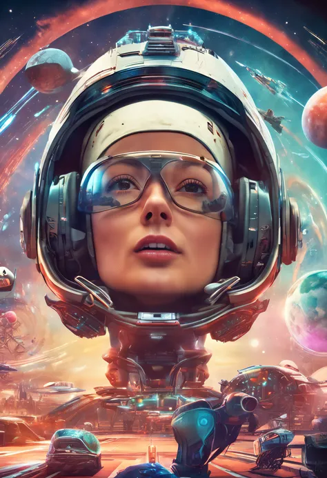 Portrait of a girl wearing prototype virtual reality glasses from the 1950s driving her spaceship in retro futuristic lines, inserted in front of a galactic portal surrounded by beings from other planets