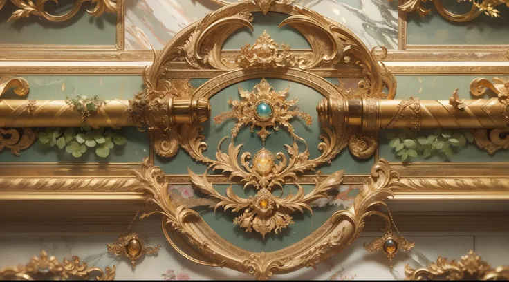 shot from front、Office、The whole picture、Quite large room、Quiet room、ornamented、opulent、glimmering light、golds、Pedras preciosas、precious metal、marbled、picture frame、wall-paper、​masterpiece, top-quality, in 8K , intricate detailes, ultra-detailliert , light...