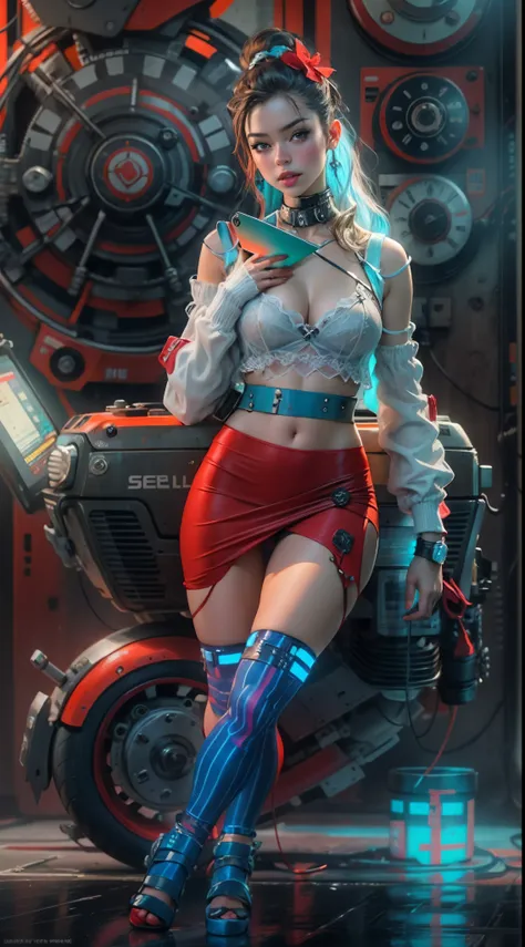 Retrato de Motor irreal:1.4,CG ultra realista 64K, fotorrealista:1.4, textura da pele:1.4, obra prima:1.4,posing behind beautiful woman with babydoll lingerie、Roupas curtas amarelas estilo cyberpunk, Red pantyhose , Mini saia azul,