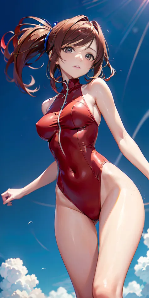 ((Kallen Codegeass, Arte vectorial plano, only 1girl, (ojos hermosos finamente detallados y cara detallada), ojos azules, ((Pelo rojo, Traje de enchufe rojo)), bodysuit, slim build, muslo, En pie, desde abajo, highest qualityr, High resolution. detalles in...