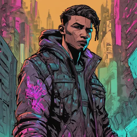 Crie a arte de um personagem humano jovem masculino, vestindo jaqueta de trincheira longo da cor preta, inspirado no jogo Shadowrun, Fantasy Cyberpunk Noir, cyberpunk noir, estilo bladerunner