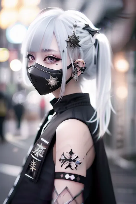 white of the eye。goth_punk, 1girl in, 独奏, medium shot, Walking in Harajuku, ((during night)), bokeh dof, neon light, iridescent eyes, starrysky, White sparkling hair, White eyebrows, Radiant hair, (iridescent white hair), 耳Nipple Ring, bangss, jewely, mask...