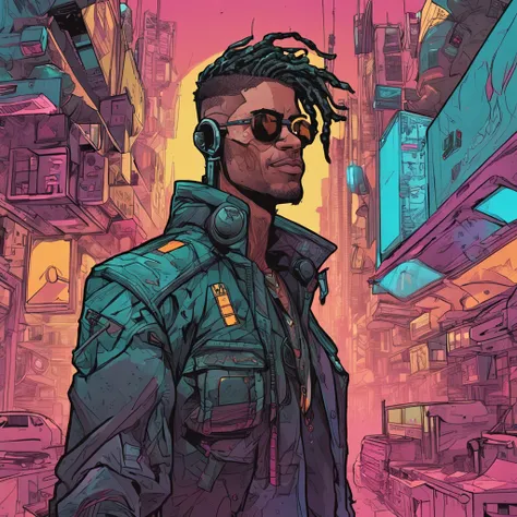 Crie a arte de um personagem humano jovem masculino, vestindo jaqueta de trincheira longo, inspirado no jogo Shadowrun, Fantasy Cyberpunk Noir, cyberpunk noir,