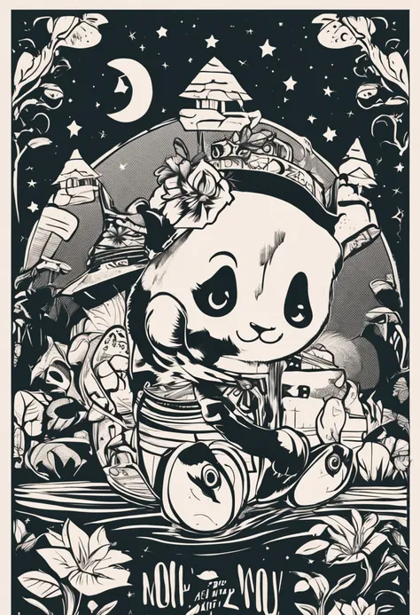 design de adesivo 2d, an adorable and cute panda, para design de camisetas para meninos e meninas, colagem, argila, fantasia, 32 bits, 35-70 mm, logotipo, highlight lighting, cor espectral, pencil draw, efeito Boken, anime, kitsch, A winding path illuminat...