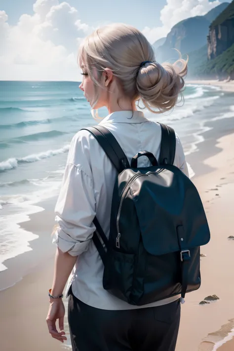 Older woman walking on the edge of the sea with a backpack on her back，A gentle breeze blows hair，His right hand gently brushed his hair。