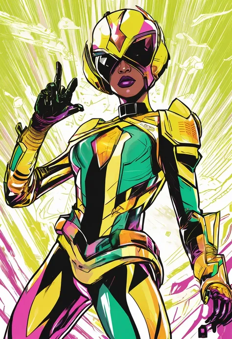 The Galactic Power Ranger features a modern design inspired by classic Power Rangers, Prioritizing protection and agility. Con un tono de piel afroamericano, Her short, fashionable hair is complemented by golden lenses that add a touch of elegance.. Her ma...