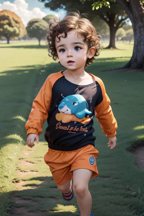 Small male baby with curly and light hair who is running on the grass with orange coat, com pessoas em segundo plano, um homem adulto de blusa azul e bermuda preta caminhante no parque em um belo dia de sol, ultra realista