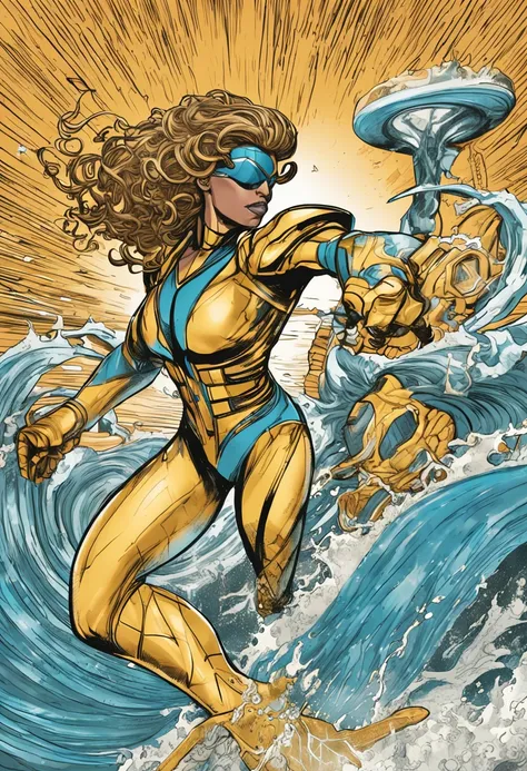 The Galactic Power Ranger features a modern design inspired by classic Power Rangers, Prioritizing protection and agility. Con un tono de piel afroamericano, Her short, fashionable hair is complemented by golden lenses that add a touch of elegance.. Su atu...