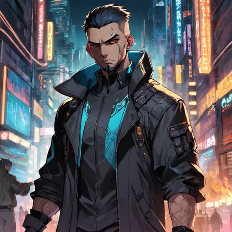 Crie a arte de um personagem humano masculino caucasiano, vestindo jaqueta de trincheira longo da cor preta, inspirado no jogo Shadowrun, Fantasy Cyberpunk Noir, cyberpunk noir, estilo shadowrun