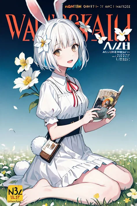 (masterpiece,best quality:1.5), 1girl, solo, solo focus, (animal ears, rabbit ears), barefoot, knees up, dress, sitting, short sleeves, looking at viewer, grass, short hair, smile, white hair, puffy sleeves, outdoors, puffy short sleeves, bangs, on ground,...