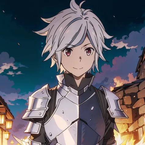 menino anime, 1 garoto, cabelos brancos, Olhos vermelhos, segurando espada de fogo, in the hands background of night, armadura pesada, knight armor below the neck, estilo anime, melhor qualidade, sorrindo, rainy sky