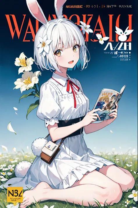 (masterpiece,best quality:1.5), 1girl, solo, solo focus, (animal ears, rabbit ears), barefoot, knees up, dress, sitting, short sleeves, looking at viewer, grass, short hair, smile, white hair, puffy sleeves, outdoors, puffy short sleeves, bangs, on ground,...