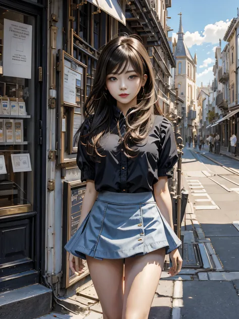 robot, masterpiece, best quality, detailed, 1girl, hair, looking at viewer, (top:1.4), (mini skirt:1.3), city, people, arms behind back, sunny sky, house, street, cafe