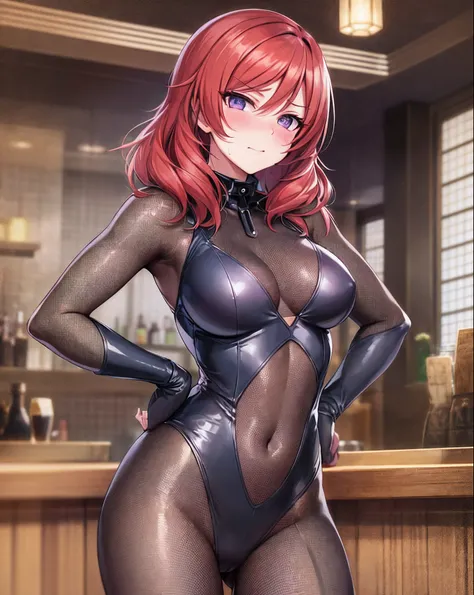 masterpiece, best quality, highres, nishikino maki, purple eyes,red hair, in bar, standing, hand on hip,looking at viewer, sexy,(lips:0.6),fishnet bodysuit, leotard,thighs gab,ass visible through thighs, llchar, cowboy shot,(solo),neck collar,skin tight, B...