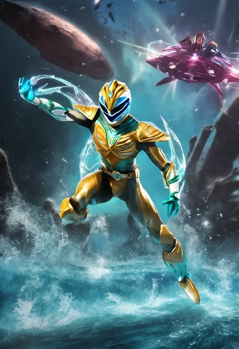 Entiendo que deseas mantener el estilo anterior. Here you have an updated and summarized version of the Galactic Power Ranger with the characteristics of light blue color and an aquatic approach, in the same style as the previous description:

The Galactic...