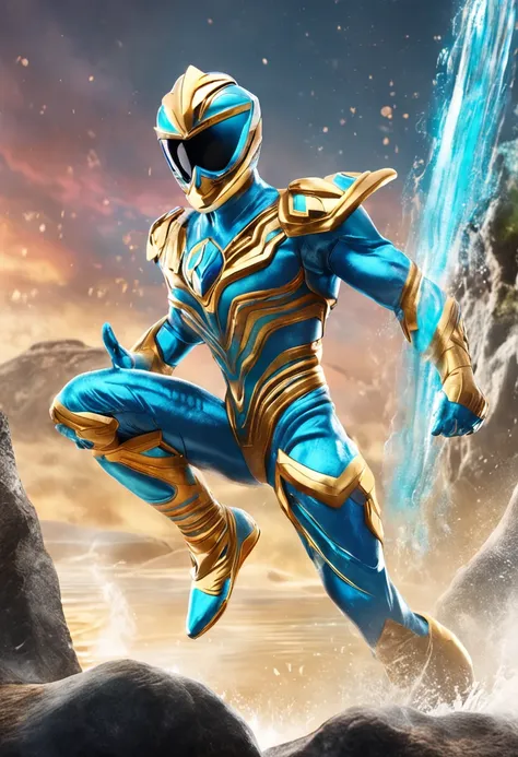 Entiendo que deseas mantener el estilo anterior. Here you have an updated and summarized version of the Galactic Power Ranger with the characteristics of light blue color and an aquatic approach, in the same style as the previous description:

The Galactic...