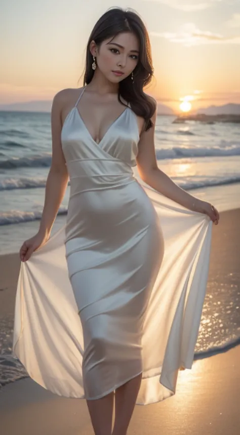 beautiful Japan woman、Glamour silky curved woman in silk dress on beach at sunset, Detalhe de roupa requintado, High-definition format,fotografia hiper realista, altamente detalhado, Detailed hairs, pele detalhada, Olhos detalhados, Telha expressiva,