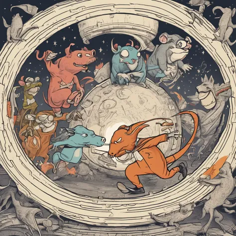 An anthropomorphic mouse, an anthropomorphic pig, an anthropomorphic dragon running fast together in the background with a space-time tunnel, all dressed in human clothes